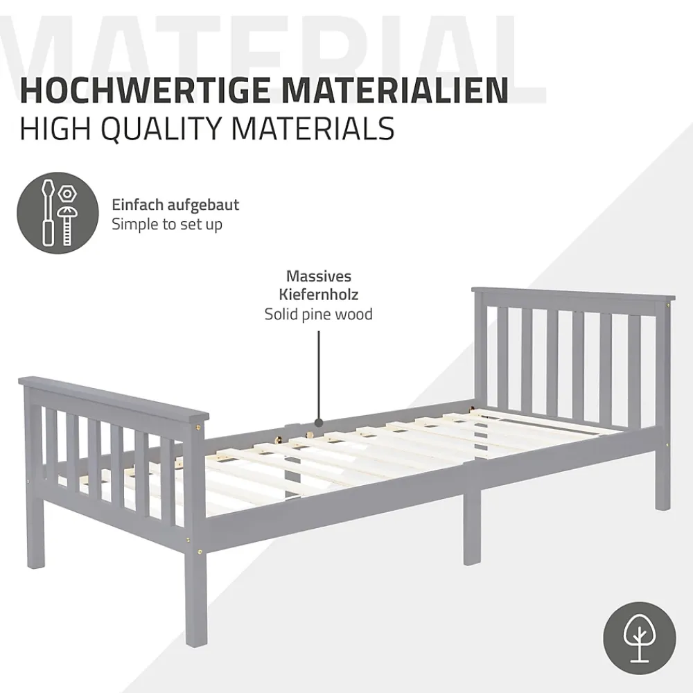 Ml-Design Lit simple bois de pin gris clair d'adolescents avec sommier à lattes 200x90 cm* Lit Simple