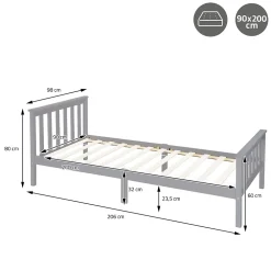 Ml-Design Lit simple bois de pin gris clair d'adolescents avec sommier à lattes 200x90 cm* Lit Simple