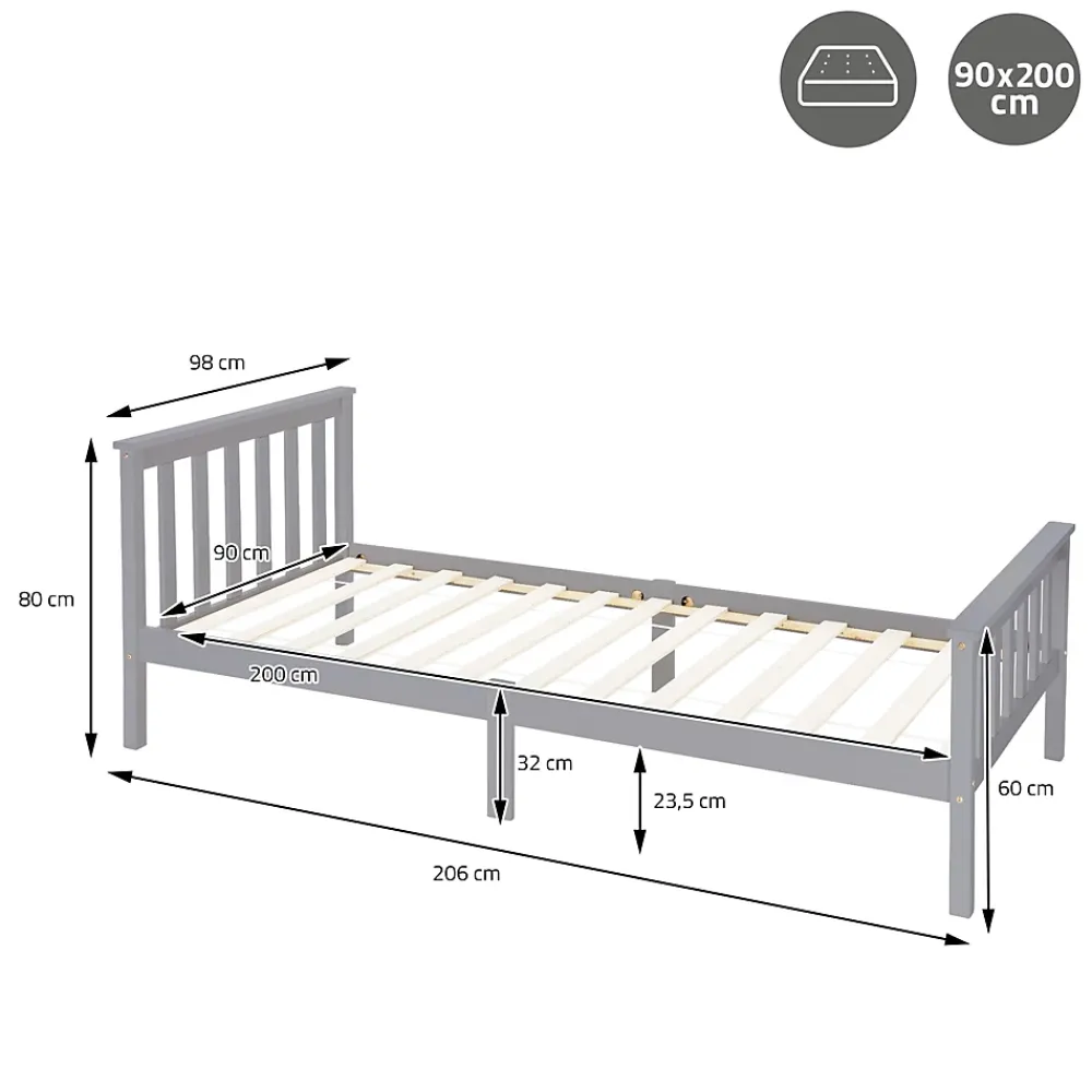 Ml-Design Lit simple bois de pin gris clair d'adolescents avec sommier à lattes 200x90 cm* Lit Simple