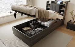 Redom Lit simple bois gris 90 par 200 cm avec tete de lit rangement prise USB et Type C systeme hydraulique sans matelas* Lit Simple