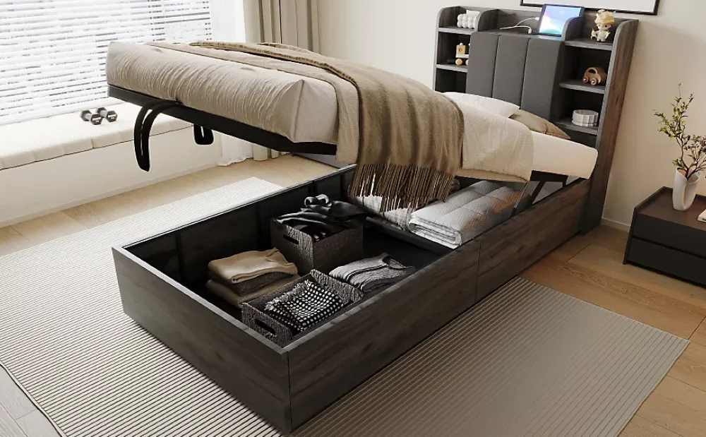 Redom Lit simple bois gris 90 par 200 cm avec tete de lit rangement prise USB et Type C systeme hydraulique sans matelas* Lit Simple
