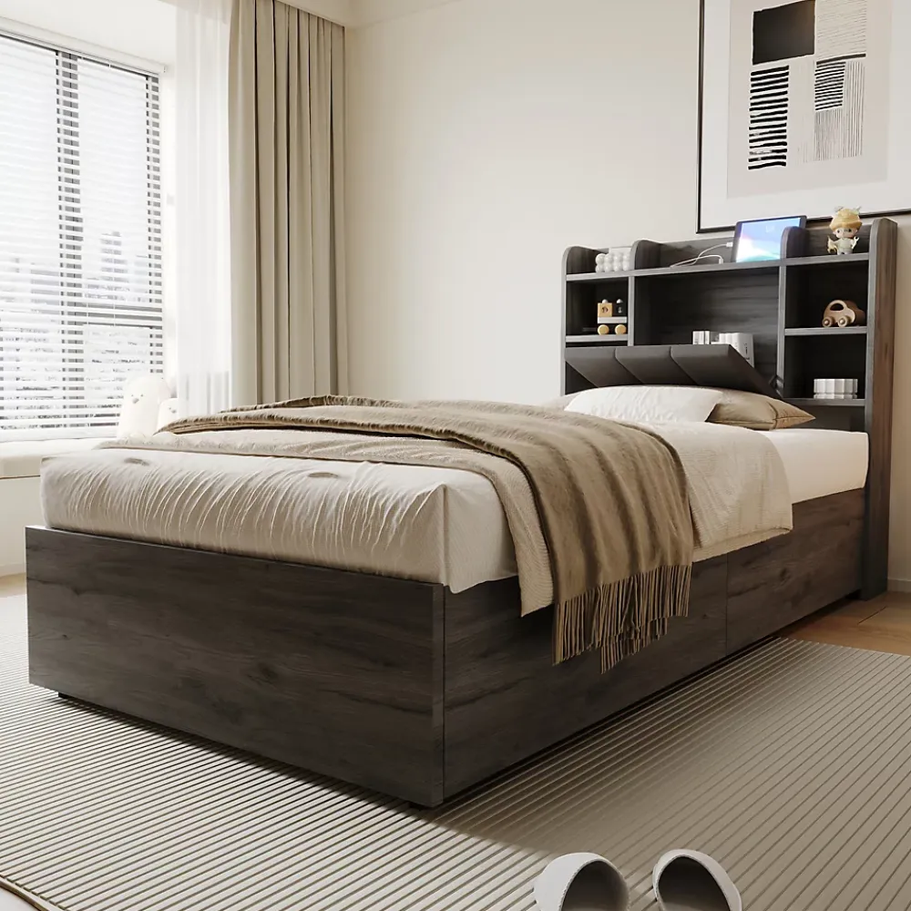 Redom Lit simple bois gris 90 par 200 cm avec tete de lit rangement prise USB et Type C systeme hydraulique sans matelas* Lit Simple