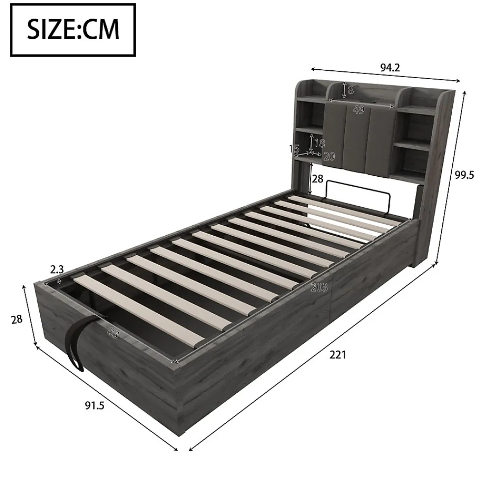 Redom Lit simple bois gris 90 par 200 cm avec tete de lit rangement prise USB et Type C systeme hydraulique sans matelas* Lit Simple