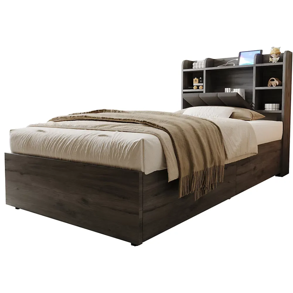 Redom Lit simple bois gris 90 par 200 cm avec tete de lit rangement prise USB et Type C systeme hydraulique sans matelas* Lit Simple