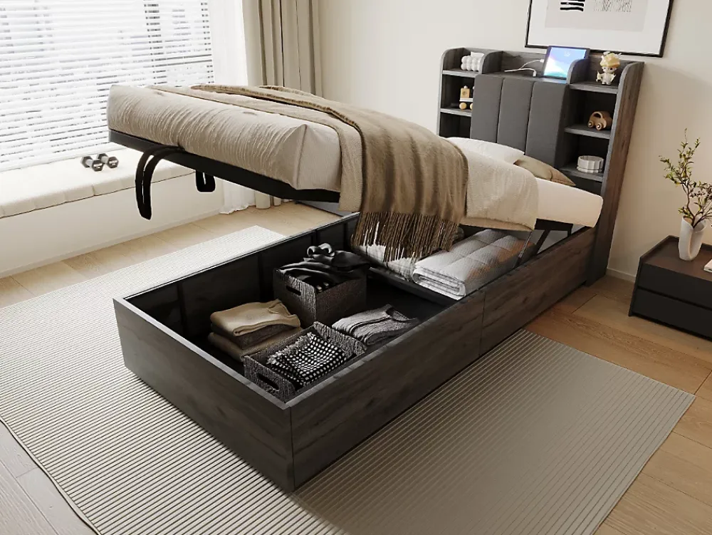 Redom Lit simple bois gris 90 par 200 cm avec tete de lit rangement prise USB et Type C systeme hydraulique sans matelas* Lit Simple