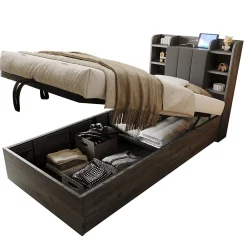 Redom Lit simple bois gris 90 par 200 cm avec tete de lit rangement prise USB et Type C systeme hydraulique sans matelas* Lit Simple