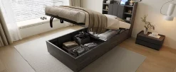 Redom Lit simple bois gris 90 par 200 cm avec tete de lit rangement prise USB et Type C systeme hydraulique sans matelas* Lit Simple