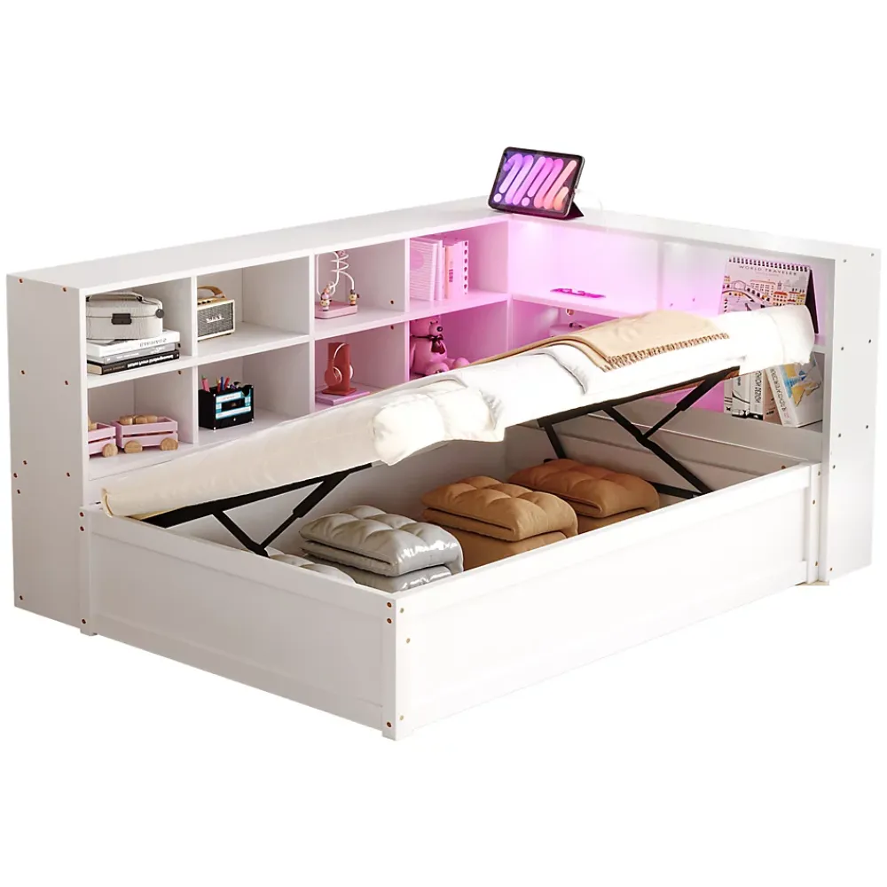 Redom Lit simple bois massif blanc 90 par 200 cm avec rangements prises lumineuse et systeme hydraulique* Lit Simple