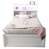 Lit simple bois massif blanc avec rangements prise lumiere LED et systeme hydraulique>Redom