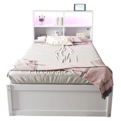 Lit simple bois massif blanc avec rangements prise lumiere LED et systeme hydraulique>Redom