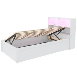 Lit simple bois massif blanc avec rangements prise lumiere LED et systeme hydraulique><noscript><img width=