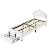 Generique Lit simple capitonné 90x200 cm avec tiroirs, sommier à lattes, velours, bande lumineuse LED - Blanc* Lit Simple