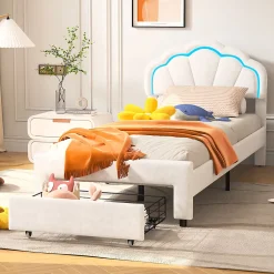 Generique Lit simple capitonné 90x200 cm avec tiroirs, sommier à lattes, velours, bande lumineuse LED - Blanc* Lit Simple