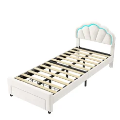 Generique Lit simple capitonné 90x200 cm avec tiroirs, sommier à lattes, velours, bande lumineuse LED - Blanc* Lit Simple