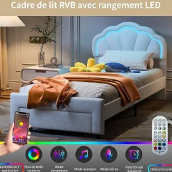 Generique Lit simple capitonné 90x200 cm avec tiroirs, sommier à lattes, velours, bande lumineuse LED - Blanc* Lit Simple