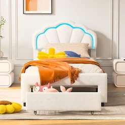 Generique Lit simple capitonné 90x200 cm avec tiroirs, sommier à lattes, velours, bande lumineuse LED - Blanc* Lit Simple