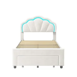 Generique Lit simple capitonné 90x200 cm avec tiroirs, sommier à lattes, velours, bande lumineuse LED - Blanc* Lit Simple