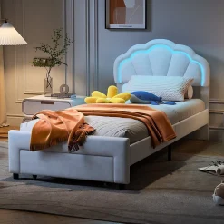 Generique Lit simple capitonné 90x200 cm avec tiroirs, sommier à lattes, velours, bande lumineuse LED - Blanc* Lit Simple