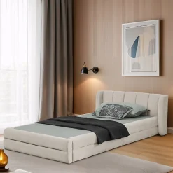 Lit Simple Capitonné 90x200 cm - avec Dossier Confortable, Revêtement en Chenille Doux, Couleur Beige - Sans Matelas>Okwish