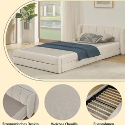 Lit Simple Capitonné 90x200 cm - avec Dossier Confortable, Revêtement en Chenille Doux, Couleur Beige - Sans Matelas><noscript><img width=
