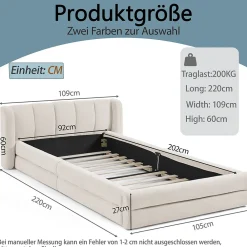 Lit Simple Capitonné 90x200 cm - avec Dossier Confortable, Revêtement en Chenille Doux, Couleur Beige - Sans Matelas><noscript><img width=