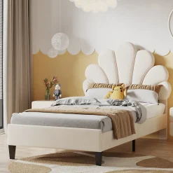 Simple Life Lit simple capitonnés 90 x 200 cm, tête de lit en forme de fleur, sommier à lattes, velours, Beige* Lit Coffre