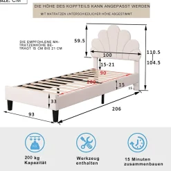 Simple Life Lit simple capitonnés 90 x 200 cm, tête de lit en forme de fleur, sommier à lattes, velours, Beige* Lit Coffre