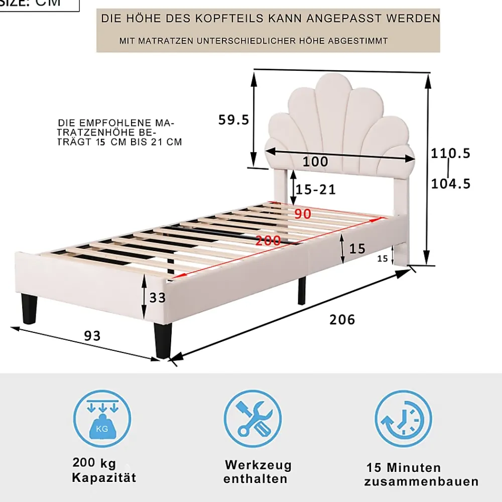 Simple Life Lit simple capitonnés 90 x 200 cm, tête de lit en forme de fleur, sommier à lattes, velours, Beige* Lit Coffre