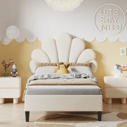 Simple Life Lit simple capitonnés 90 x 200 cm, tête de lit en forme de fleur, sommier à lattes, velours, Beige* Lit Coffre