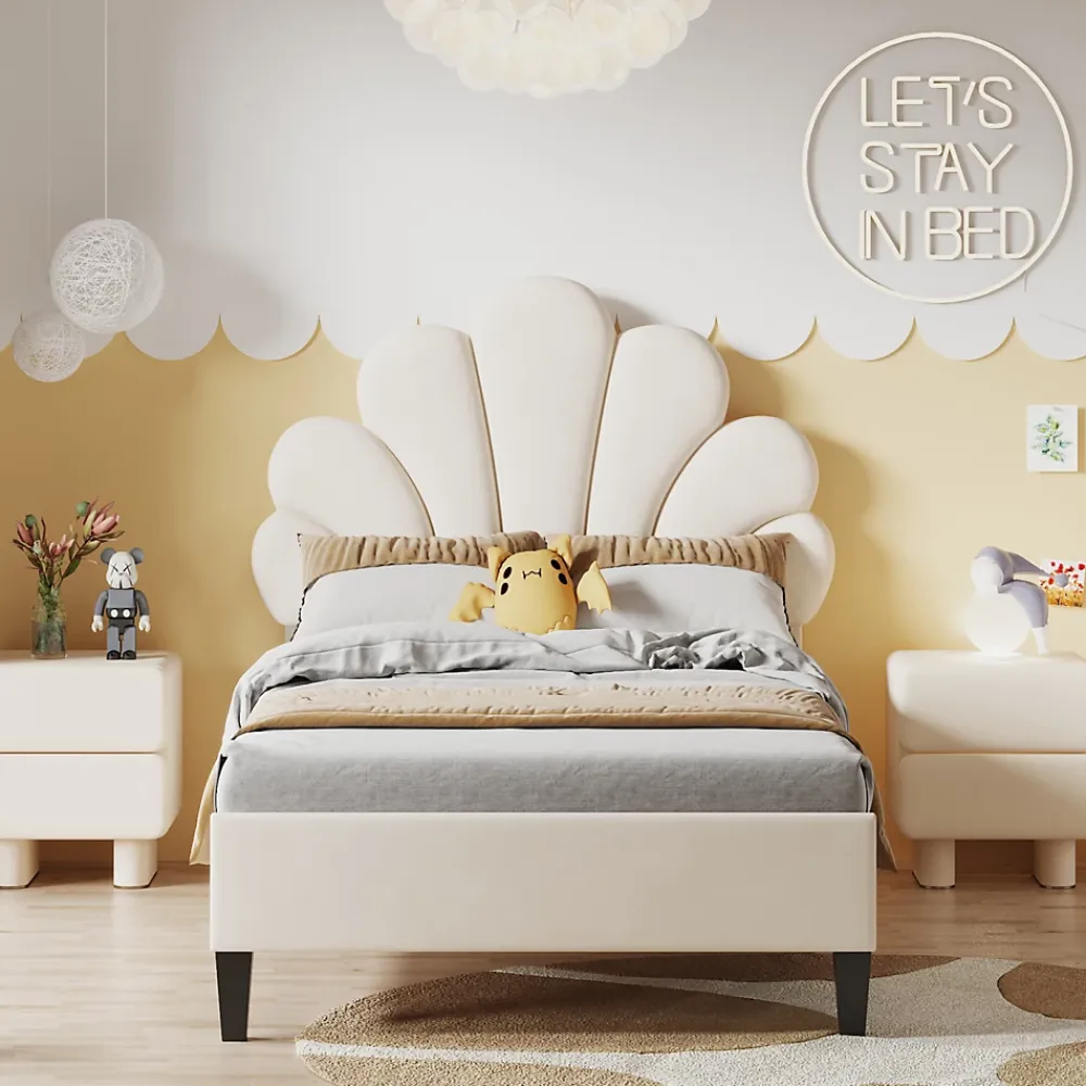 Simple Life Lit simple capitonnés 90 x 200 cm, tête de lit en forme de fleur, sommier à lattes, velours, Beige* Lit Coffre