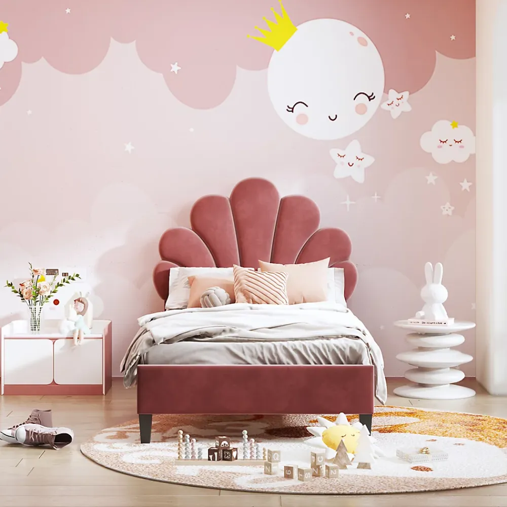 Simple Life Lit simple capitonnés 90 x 200 cm, tête de lit en forme de fleur, sommier à lattes, velours, Rouge* Lit Coffre