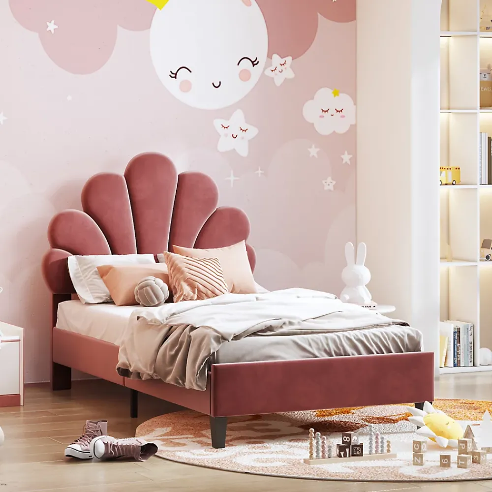 Simple Life Lit simple capitonnés 90 x 200 cm, tête de lit en forme de fleur, sommier à lattes, velours, Rouge* Lit Coffre
