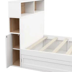 IDMarket Lit simple CLEM avec rangement, tête de lit et sommier 90 x 190 cm blanc et hêtre* Lit Avec Rangement