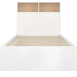 IDMarket Lit simple CLEM avec rangement, tête de lit et sommier 90 x 190 cm blanc et hêtre* Lit Avec Rangement