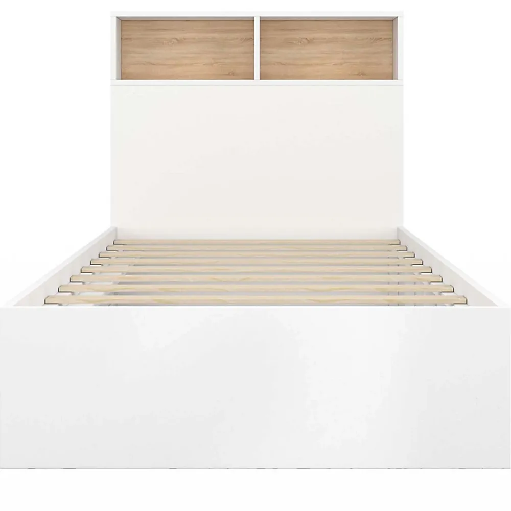 IDMarket Lit simple CLEM avec rangement, tête de lit et sommier 90 x 190 cm blanc et hêtre* Lit Avec Rangement