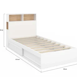 IDMarket Lit simple CLEM avec rangement, tête de lit et sommier 90 x 190 cm blanc et hêtre* Lit Avec Rangement