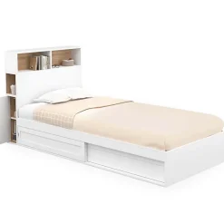 IDMarket Lit simple CLEM avec rangement, tête de lit et sommier 90 x 190 cm blanc et hêtre* Lit Avec Rangement