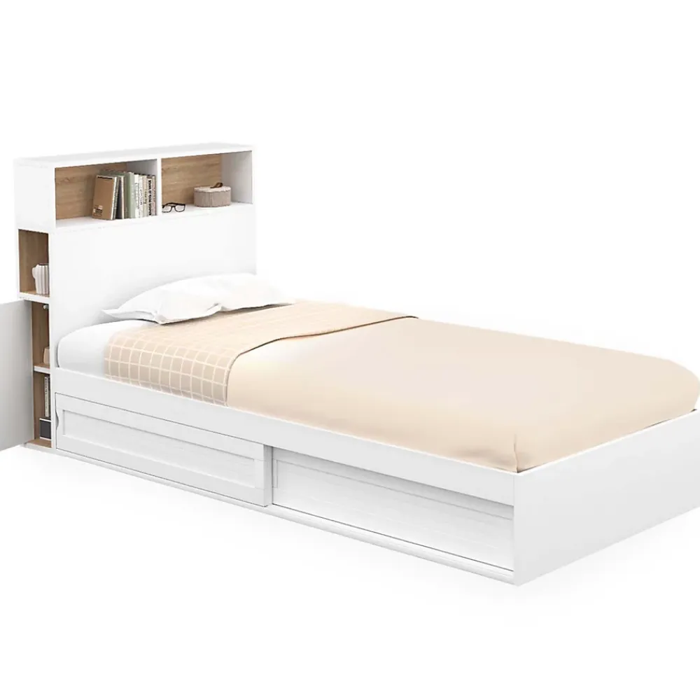 IDMarket Lit simple CLEM avec rangement, tête de lit et sommier 90 x 190 cm blanc et hêtre* Lit Avec Rangement