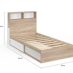 IDMarket Lit simple CLEM avec rangement, tête de lit et sommier 90 x 190 cm hêtre et blanc* Lit Avec Rangement