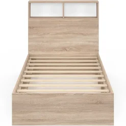 IDMarket Lit simple CLEM avec rangement, tête de lit et sommier 90 x 190 cm hêtre et blanc* Lit Avec Rangement