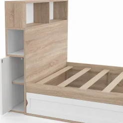 IDMarket Lit simple CLEM avec rangement, tête de lit et sommier 90 x 190 cm hêtre et blanc* Lit Avec Rangement