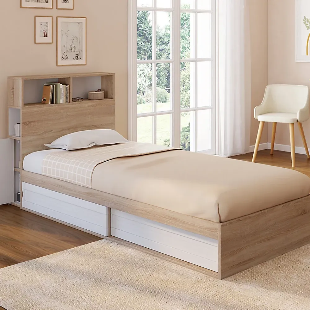 IDMarket Lit simple CLEM avec rangement, tête de lit et sommier 90 x 190 cm hêtre et blanc* Lit Avec Rangement