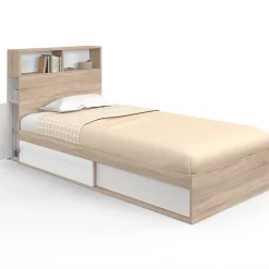 IDMarket Lit simple CLEM avec rangement, tête de lit et sommier 90 x 190 cm hêtre et blanc* Lit Avec Rangement