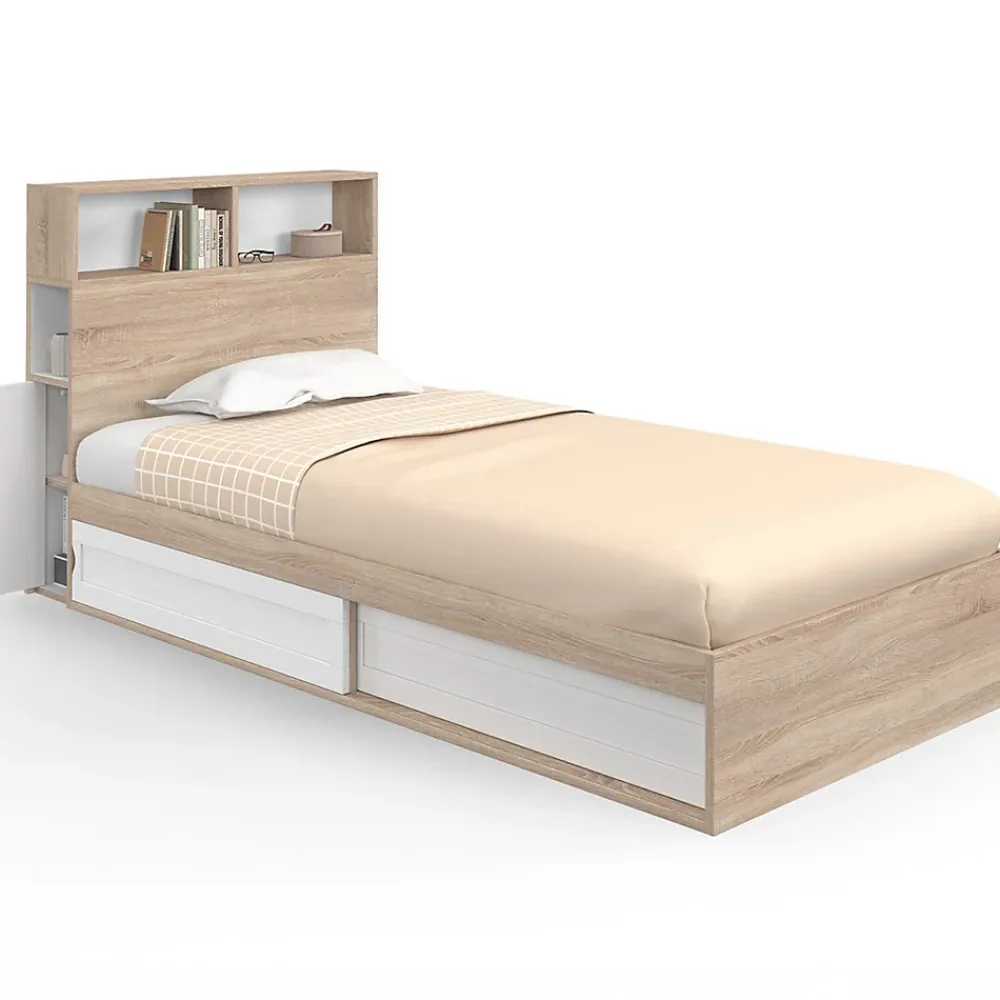 IDMarket Lit simple CLEM avec rangement, tête de lit et sommier 90 x 190 cm hêtre et blanc* Lit Avec Rangement