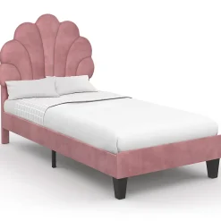 IDMarket Lit simple coquillage 90 x 190 cm AMANDA avec sommier velours rose poudré* Lit Avec Rangement