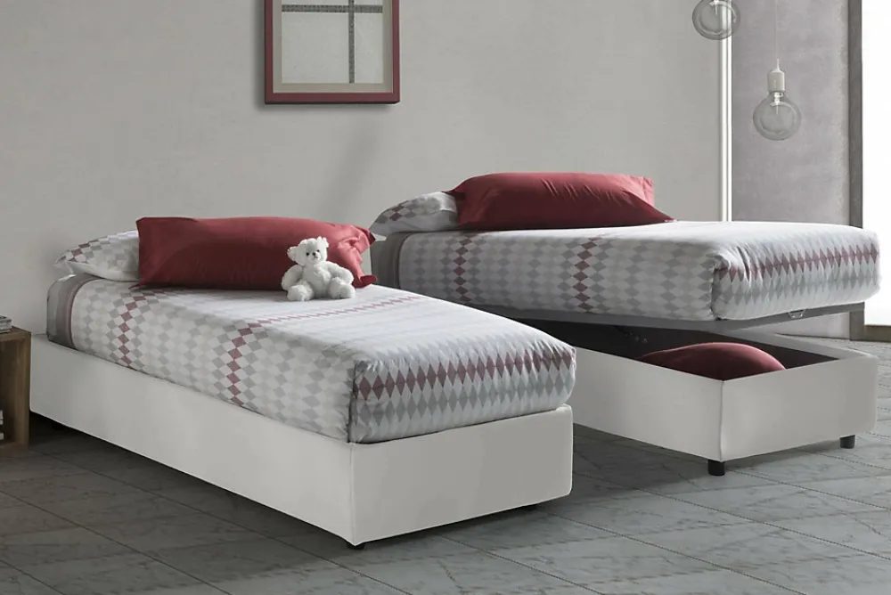 Lit simple Dalfan, Lit coffre avec revêtement en similcuir, Ouverture frontale, avec matelas 80x200 cm inclus, Blanc>Talamo Italia Discount