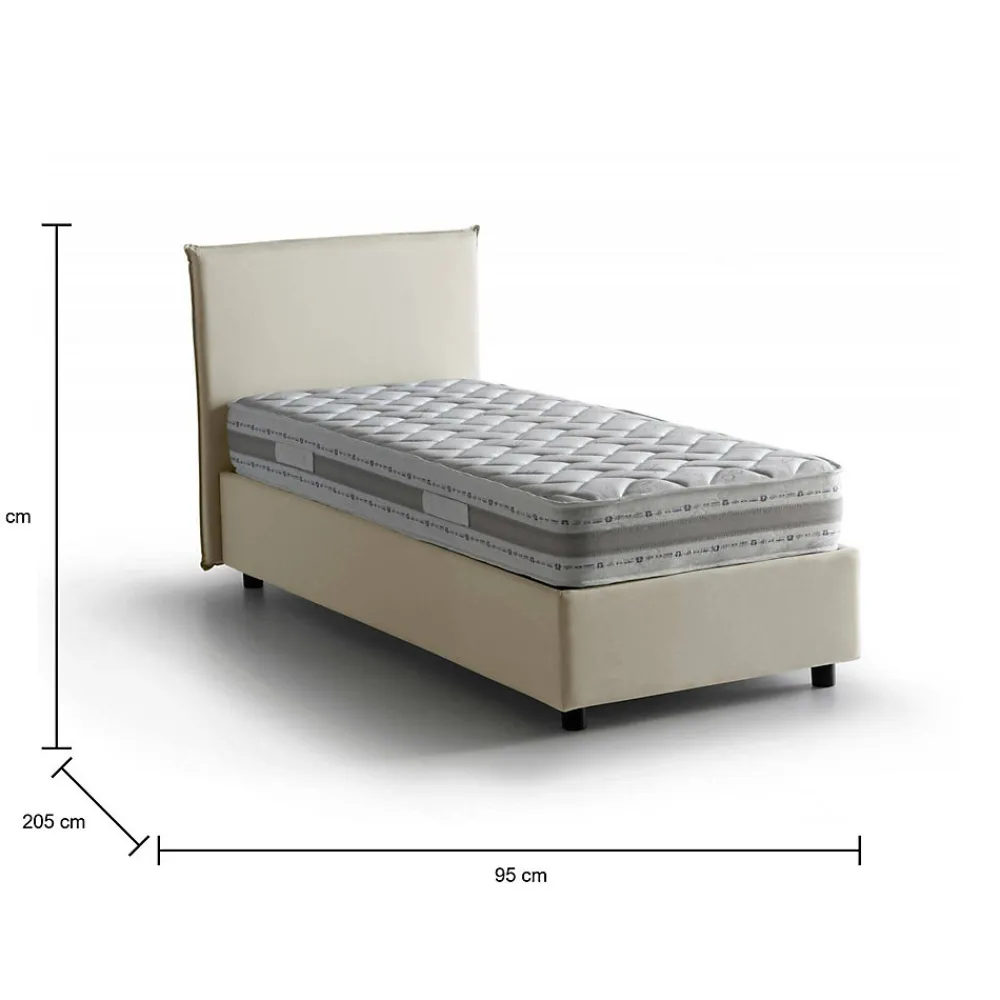 Lit simple Daquin, Lit coffre avec revêtement en tissu, Ouverture frontale, avec matelas 80x190 cm inclus, Beige>Talamo Italia Online