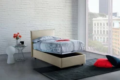 Lit simple Daquin, Lit coffre avec revêtement en tissu, Ouverture frontale, avec matelas 80x190 cm inclus, Beige><noscript><img width=