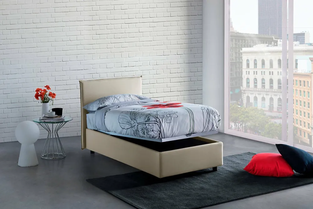 Lit simple Daquin, Lit coffre avec revêtement en tissu, Ouverture frontale, avec matelas 80x190 cm inclus, Beige>Talamo Italia Online