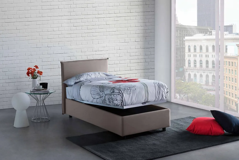 Lit simple Dbach, Lit coffre avec revêtement en tissu, Ouverture frontale, avec matelas 80x200 cm inclus, Taupe>Talamo Italia Clearance